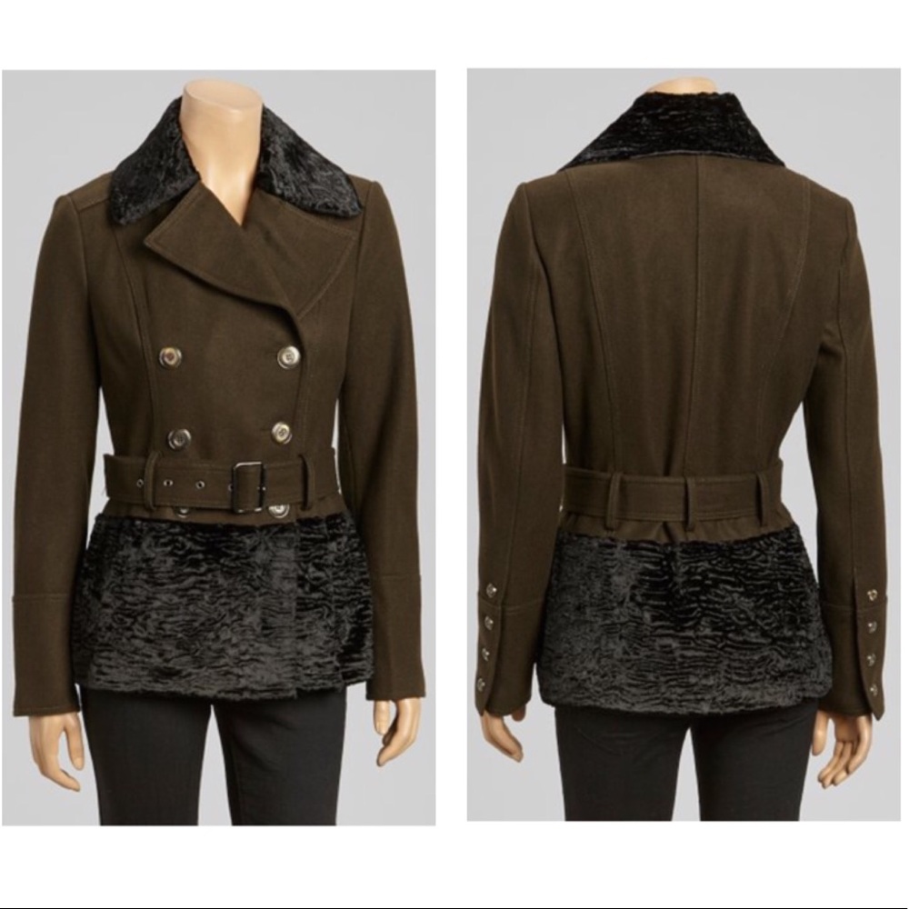 Olive Faux Fur Trim Wool-Blend Military Coat